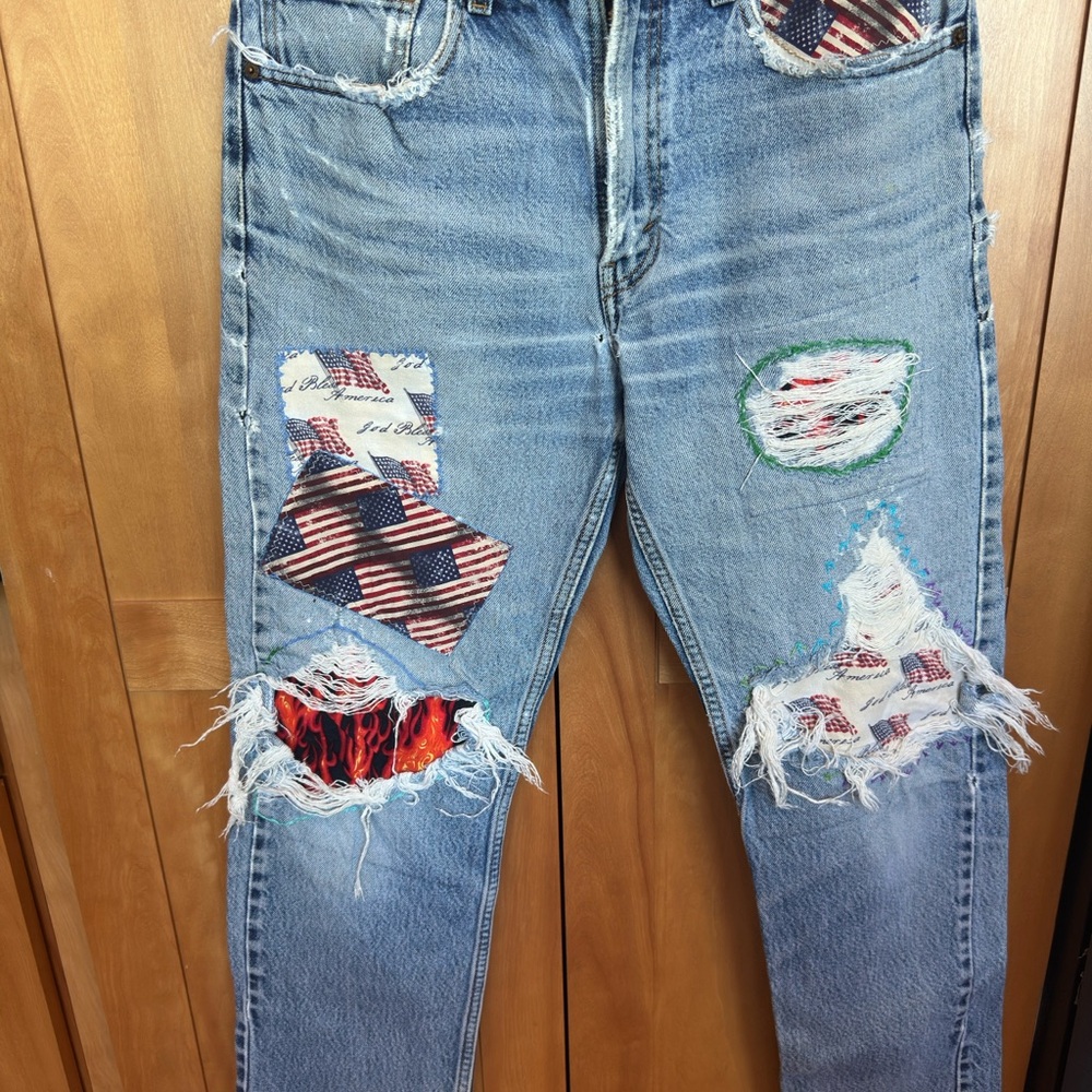 Men’s Vintage Patchwork Jeans with American Flag Design